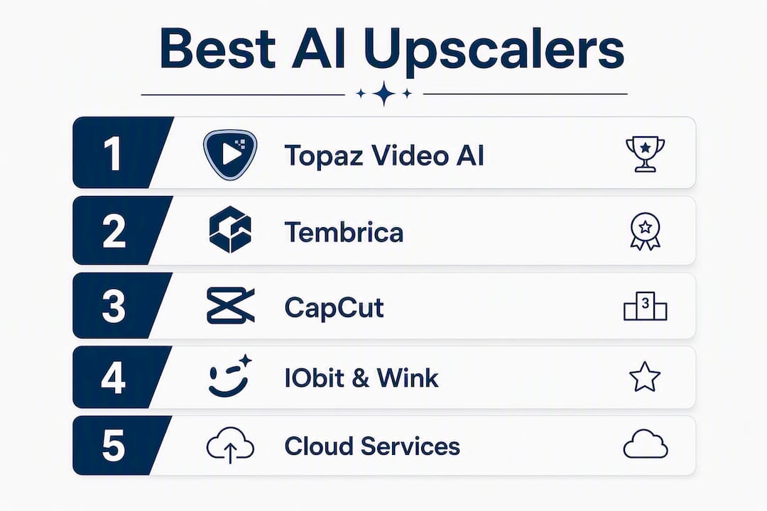 Infographic ranking AI video upscalers by category and quality