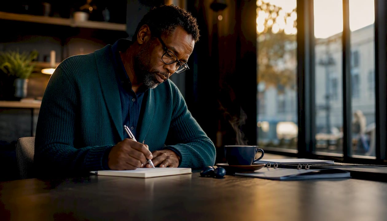 Man testing text to speech tools taking notes