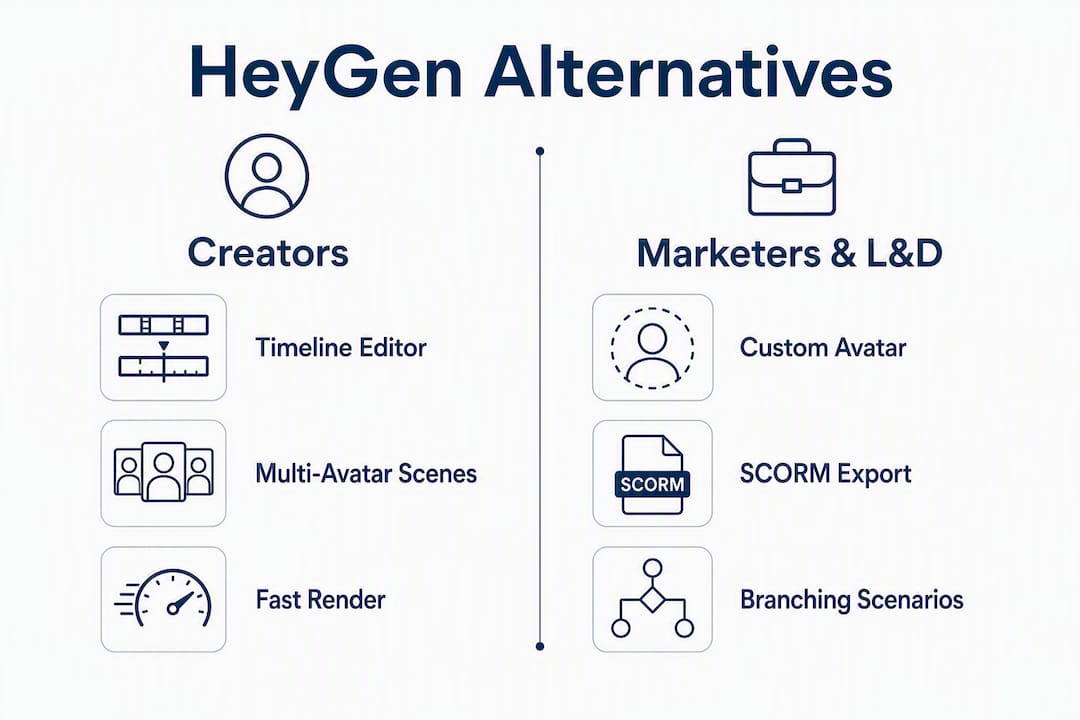 Infographic comparing HeyGen alternatives for creators and marketers