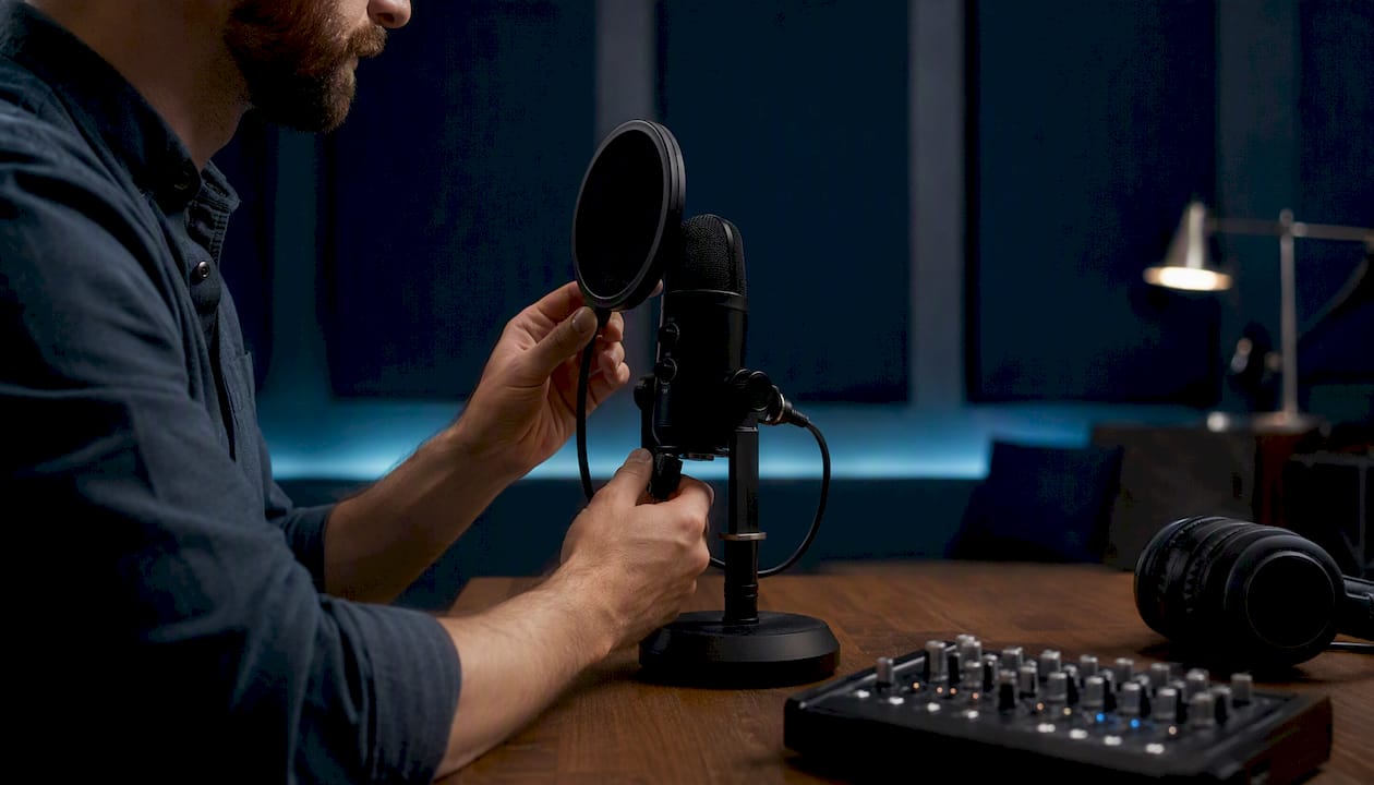 Hands adjusting directional USB microphone in studio