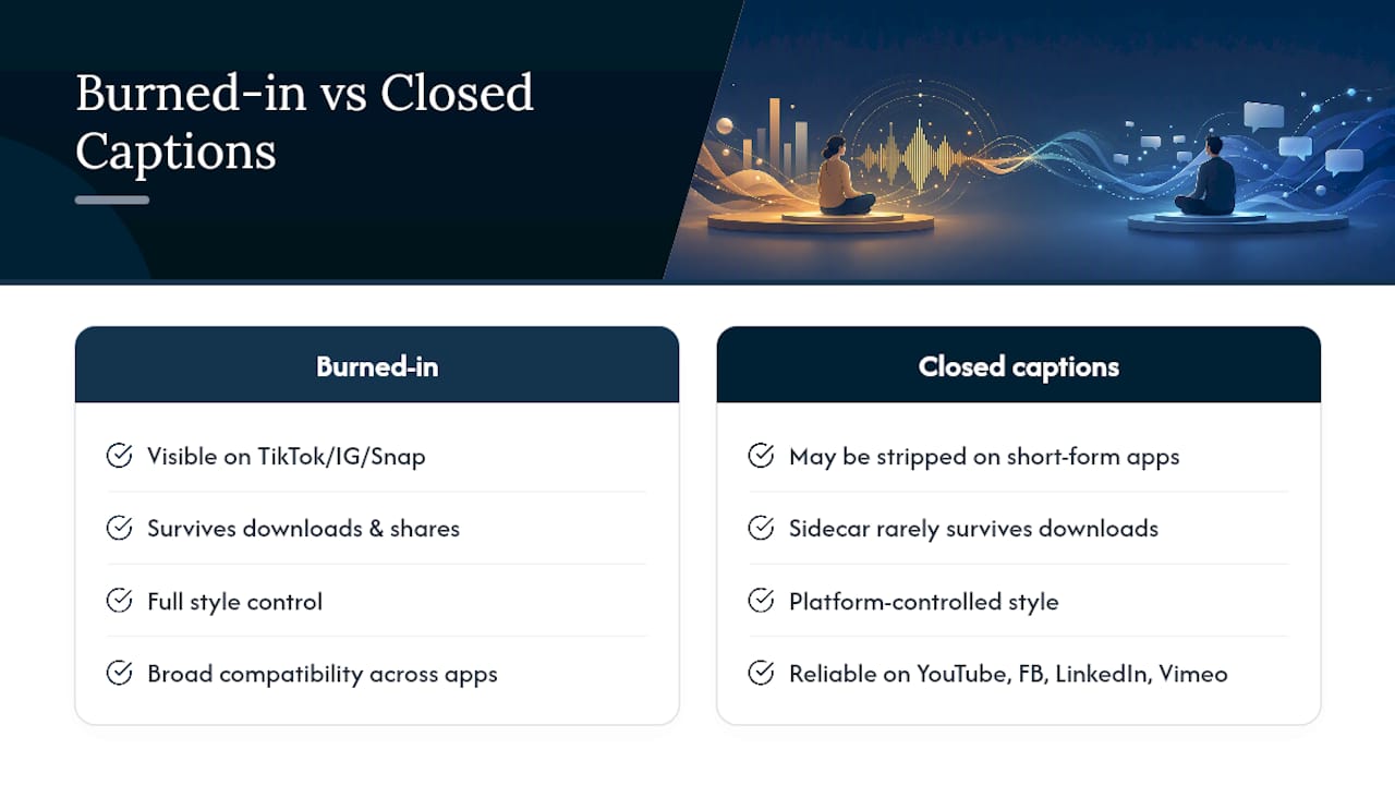 Comparison chart of burned-in and closed captions