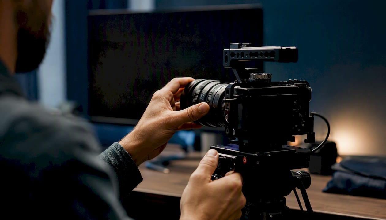 Hands adjusting camera for test footage