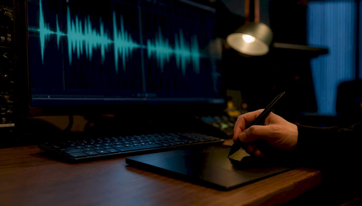 Close-up of hand near audio waveform on screen