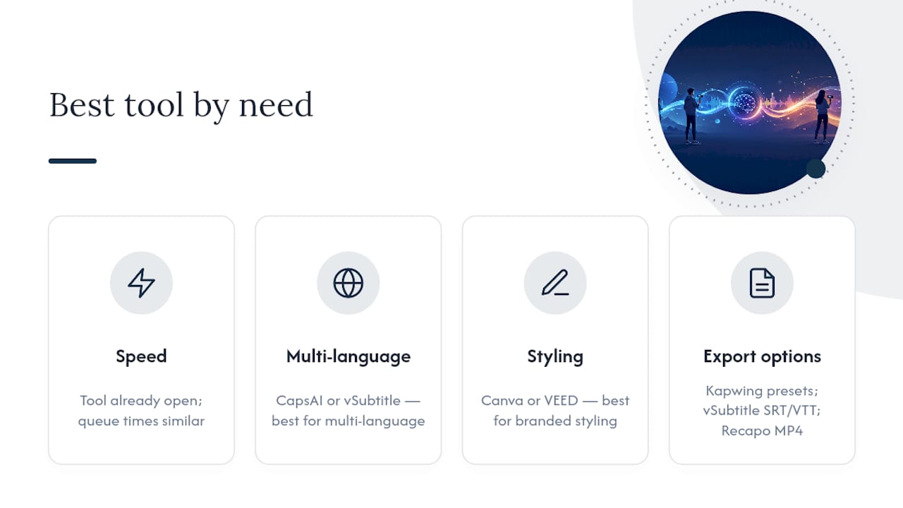 Comparison chart of auto-caption tools' features and speed