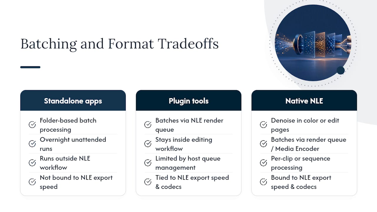 Diagram comparing batch processing workflows of AI noise tools
