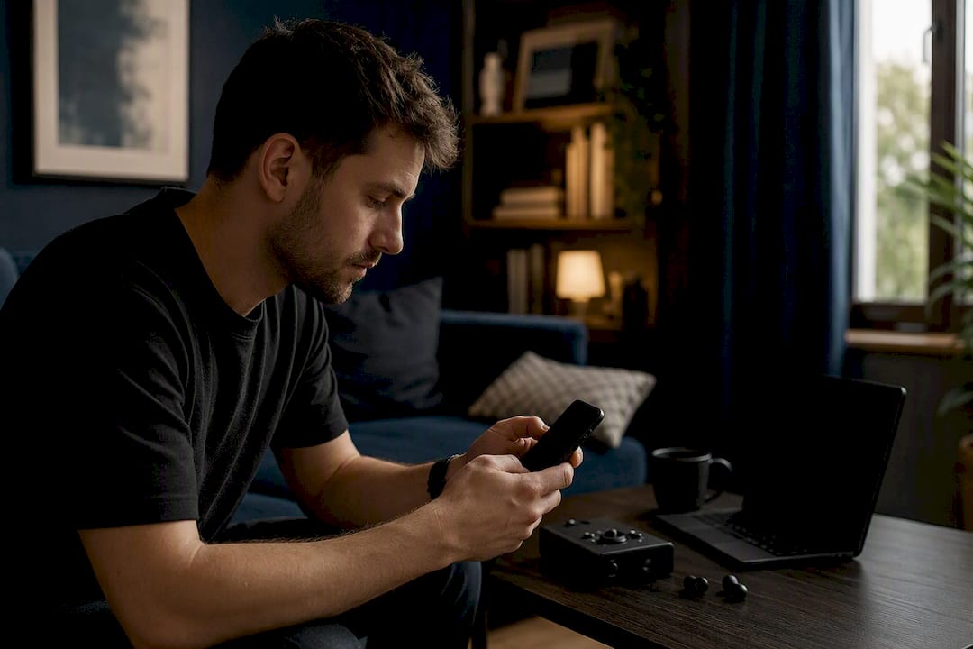 Hands editing video and audio on smartphone