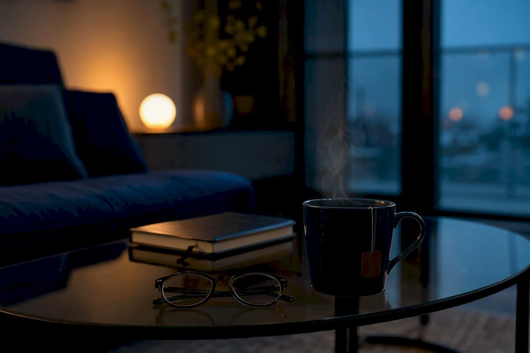 Reading glasses and tea on dark table