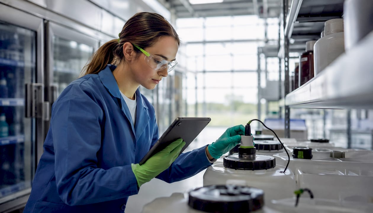 Technician inspecting chemical storage units