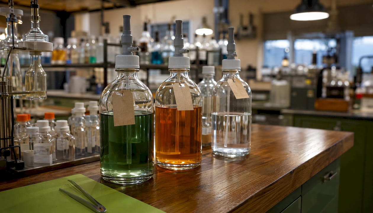 Pharmaceutical chemical reagent bottles on shelf
