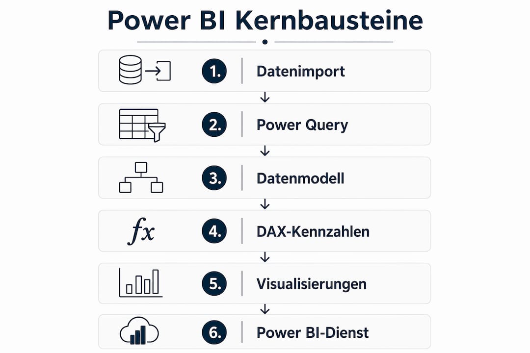 Grafik: Die sechs zentralen Elemente von Power BI im Überblick