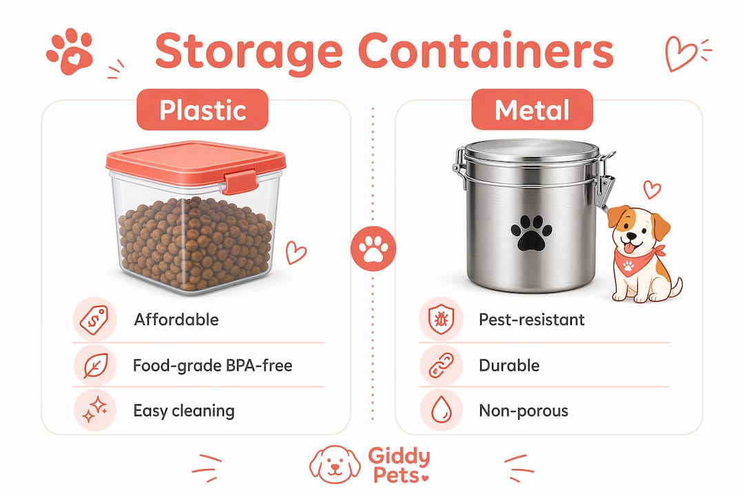 Infographic comparing plastic and metal dog food containers