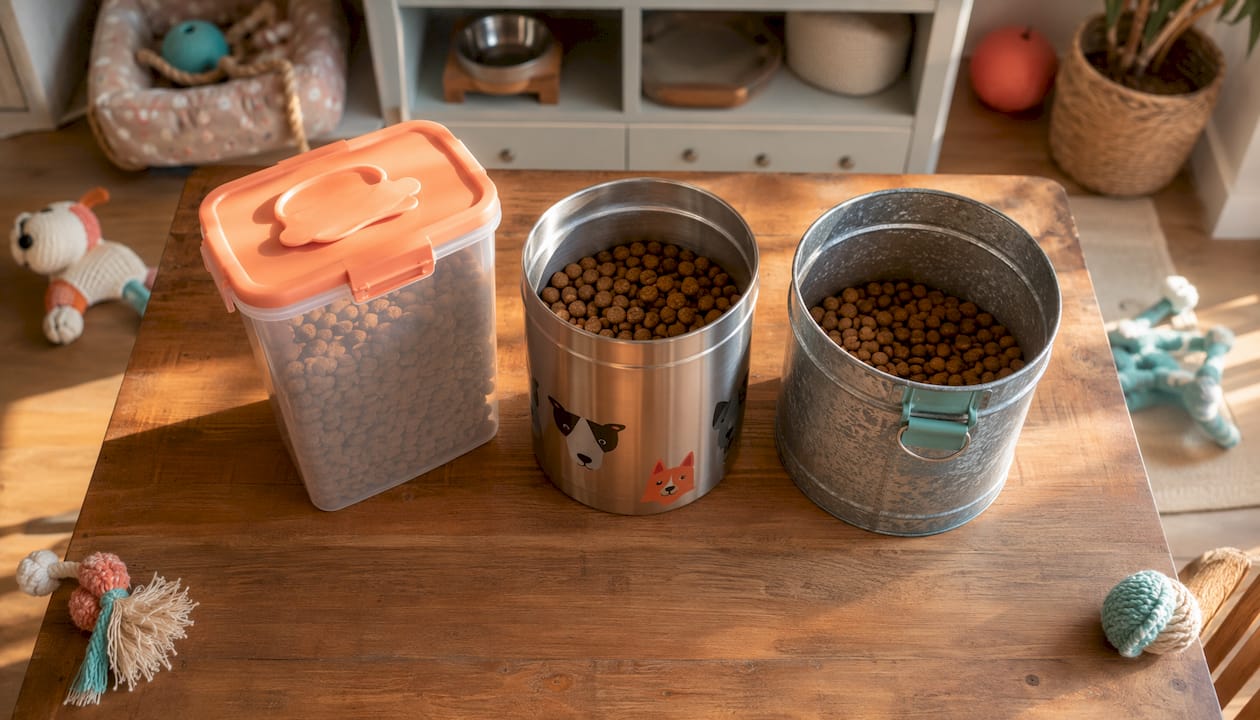 Plastic, stainless steel, metal dog food containers