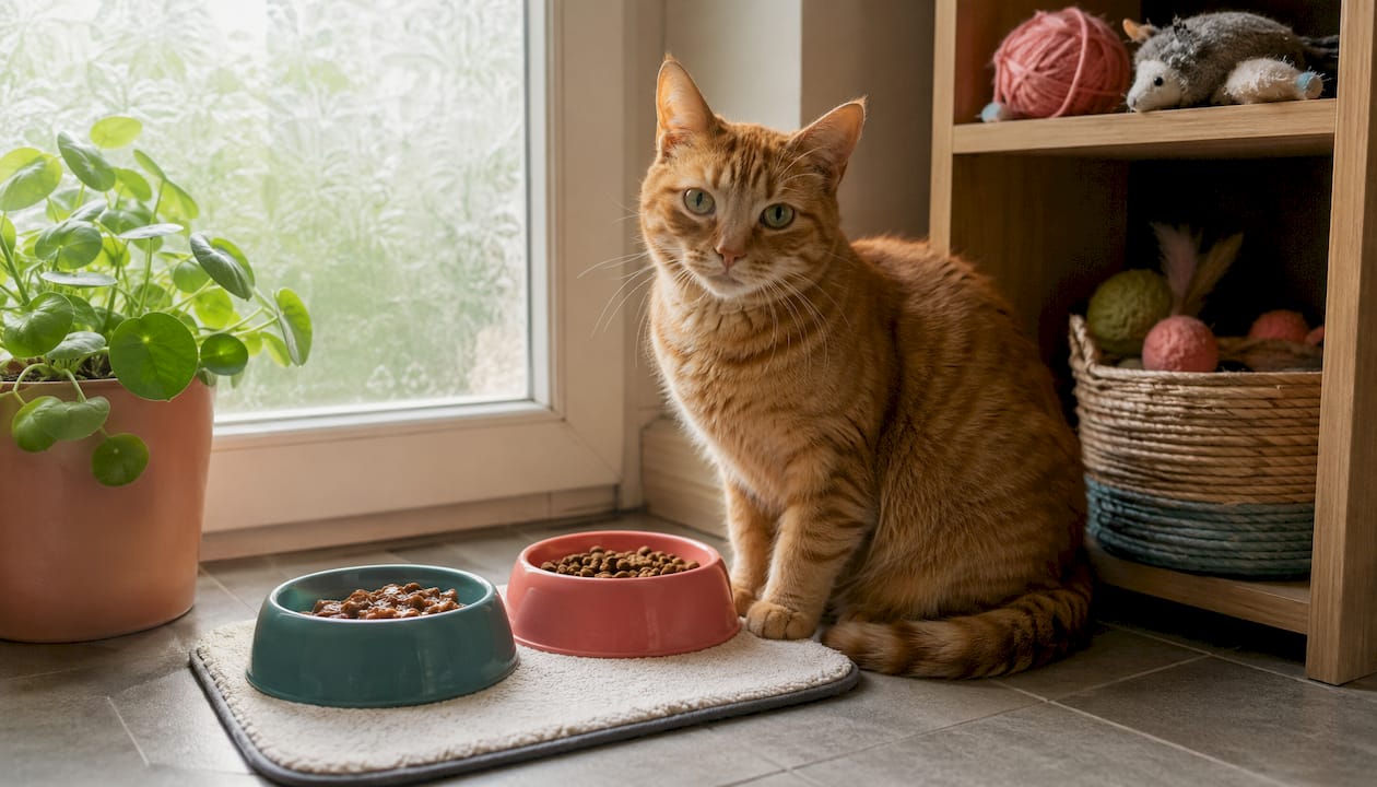 Cat feeding area with bowls in cozy living room corner