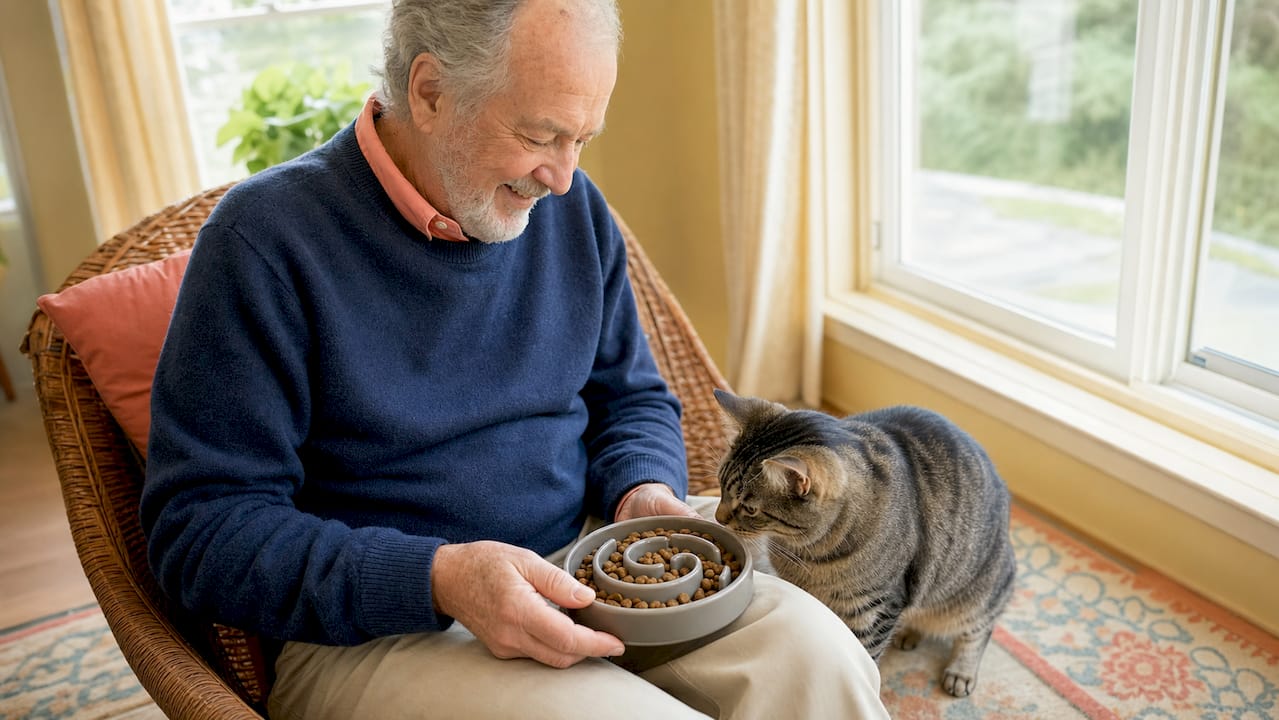 Senior man with cat and slow feeder bowl in living room