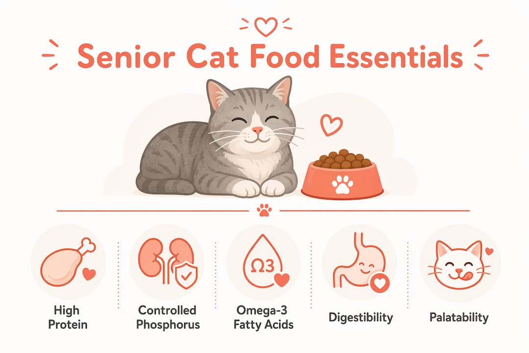 Infographic showing essential nutrients for senior cat food