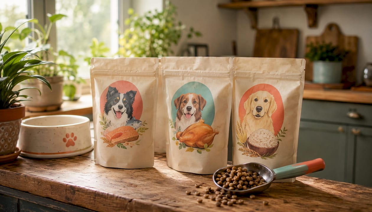 Different hydrolysed dog food bags on countertop