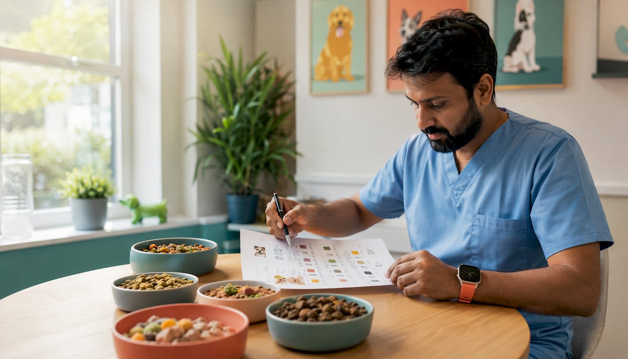 Veterinarian reviewing vegetarian dog diet report