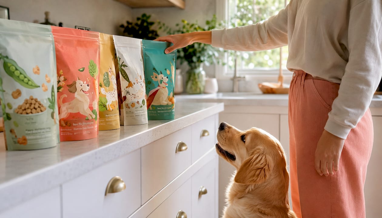 Commercial plant-based dog food packages on shelf
