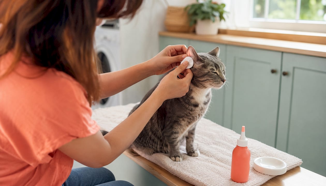 Hands cleaning cat's ear with cotton pad