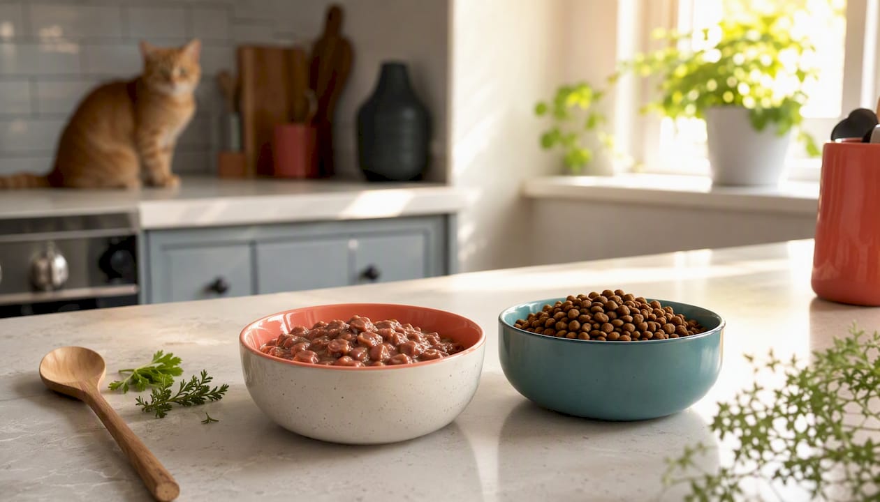 Wet and dry cat food bowls side by side