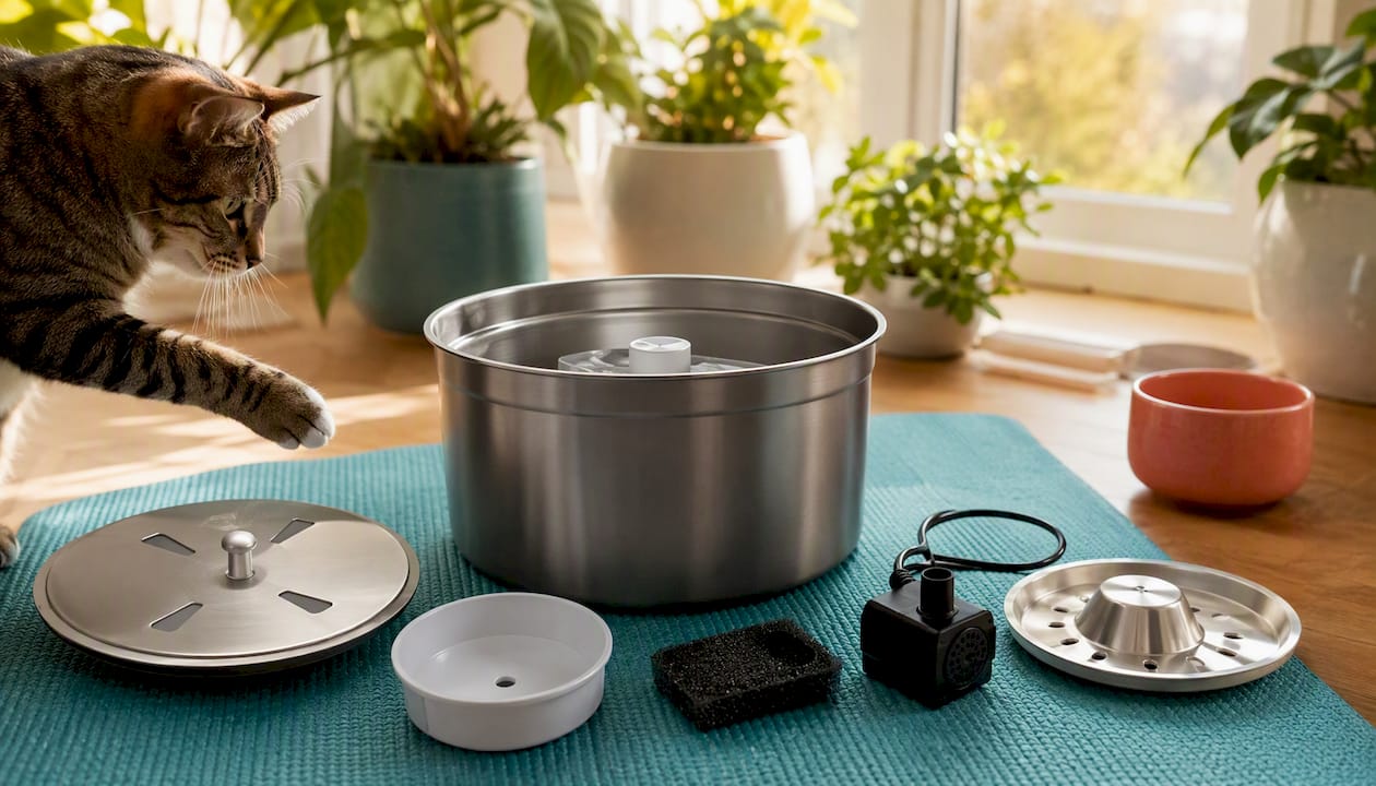 Close-up of stainless steel cat water fountain components