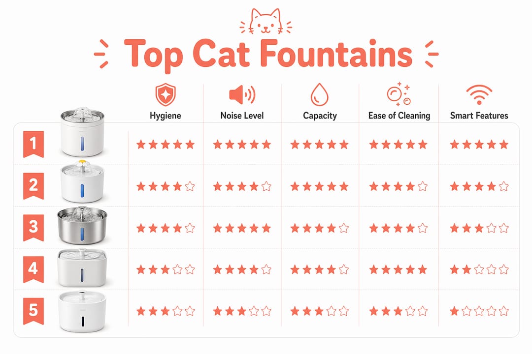 Infographic showing ranked features of top cat water fountains