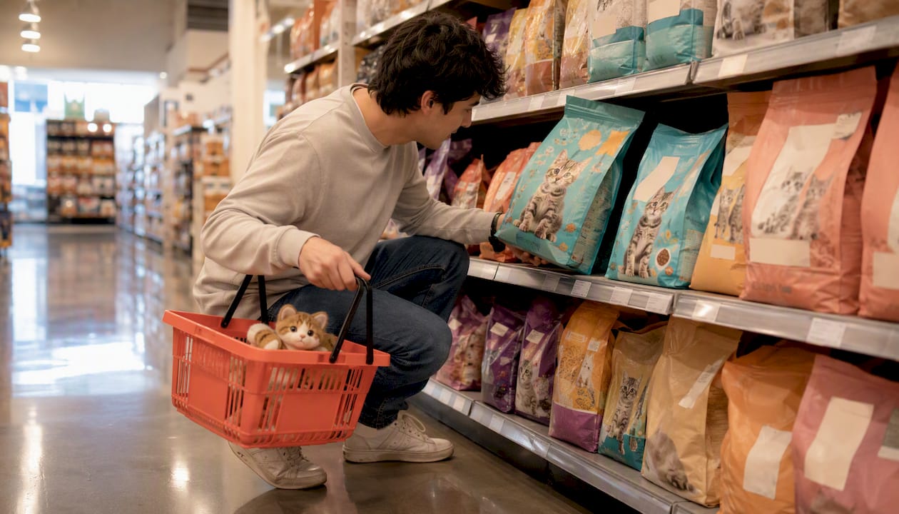 Shopper examining budget kitten dry food in supermarket
