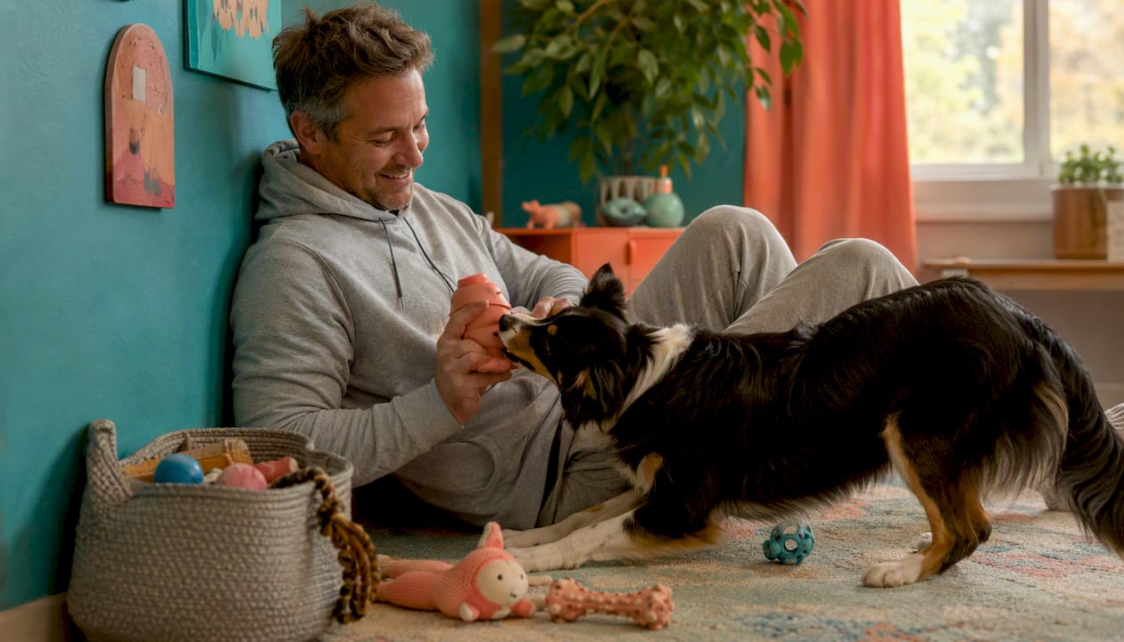 Man playing with dog and puzzle toy indoors