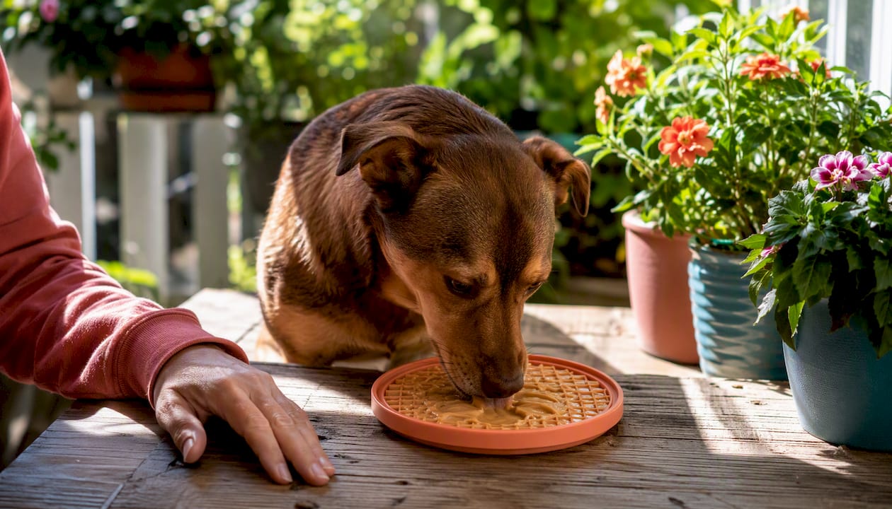 Top view of dog licking treat on Lickimat