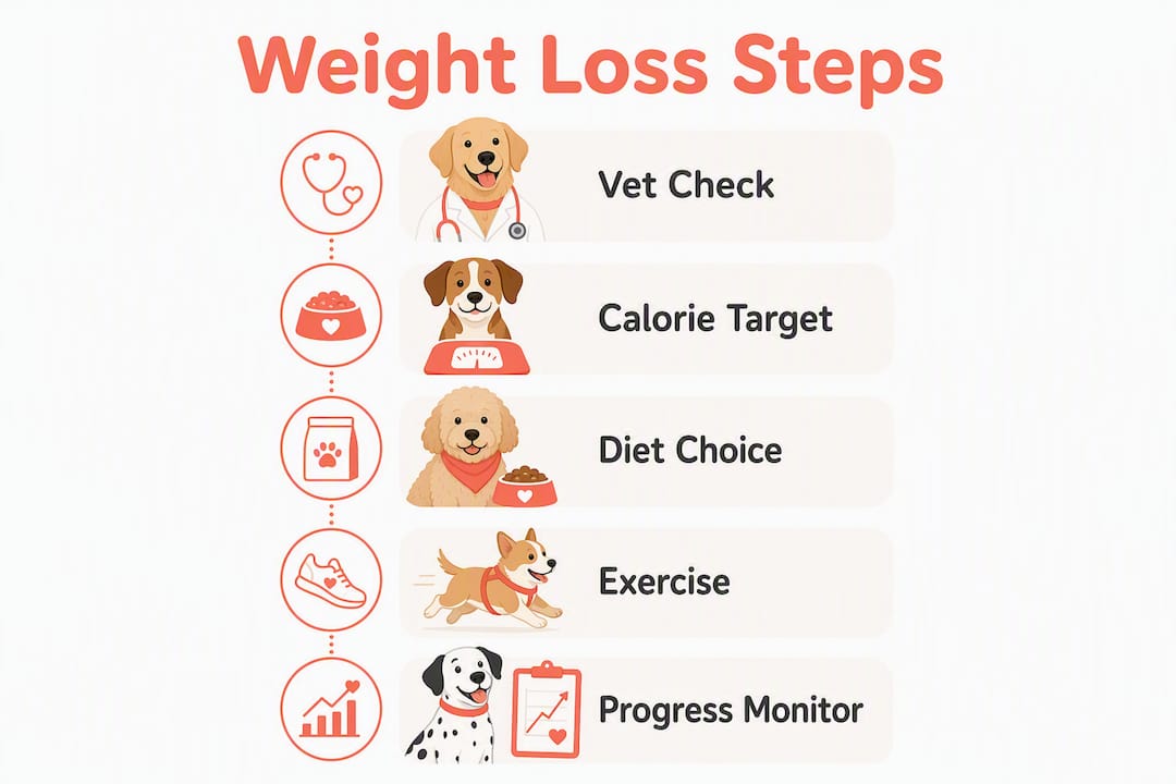 Infographic outlining dog weight loss plan steps