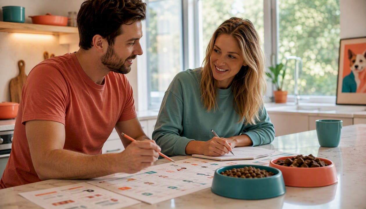 Couple comparing dog food subscription options