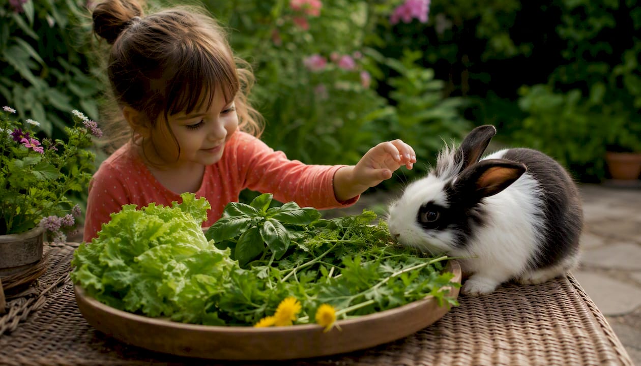 Fresh leafy greens with pet rabbit
