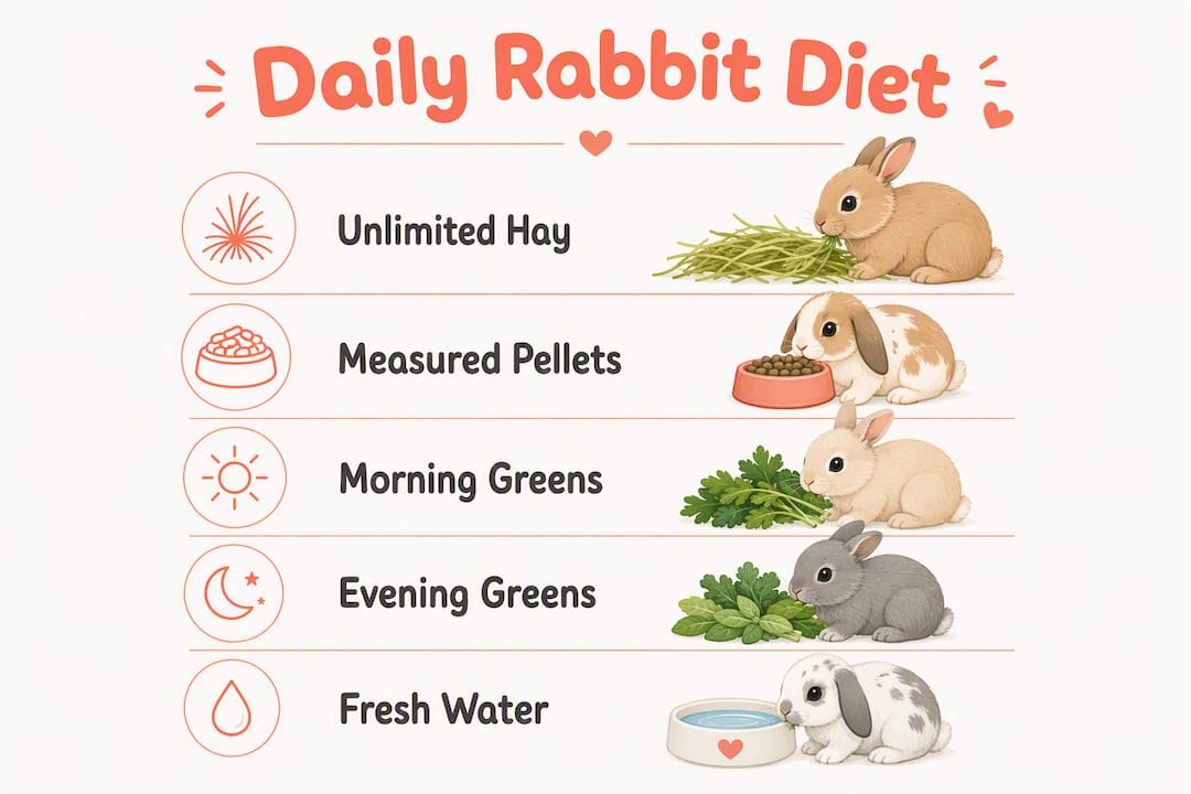 Infographic showing rabbit daily feeding steps