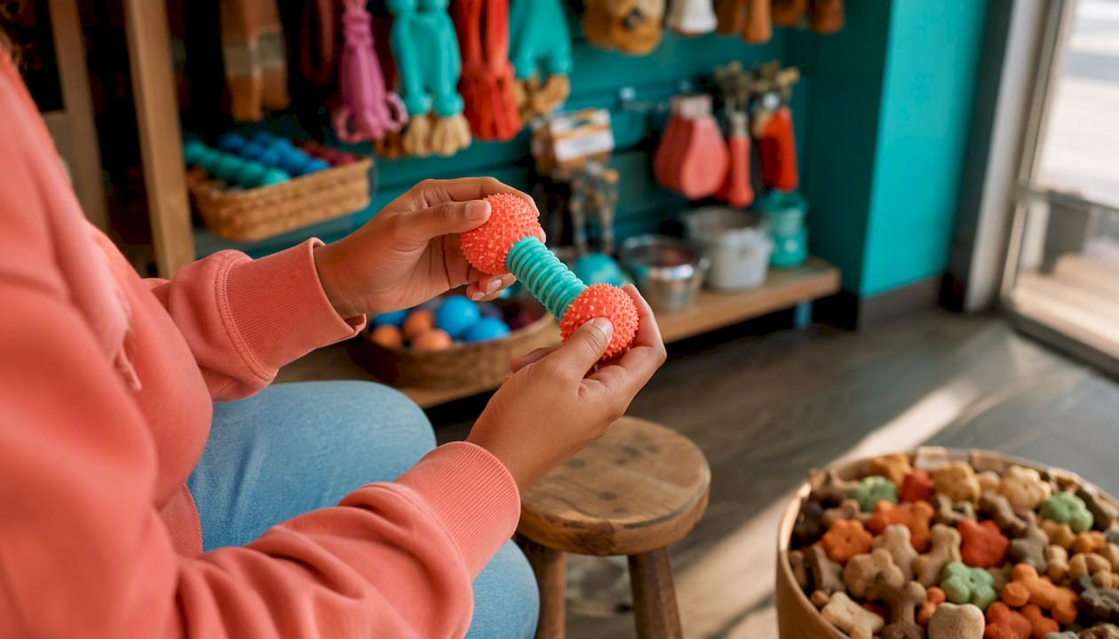 Hands inspecting rubber puppy teething toy in vet clinic
