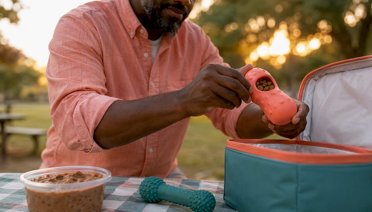 Man stuffing and preparing puppy teething toy for freezing in kitchen