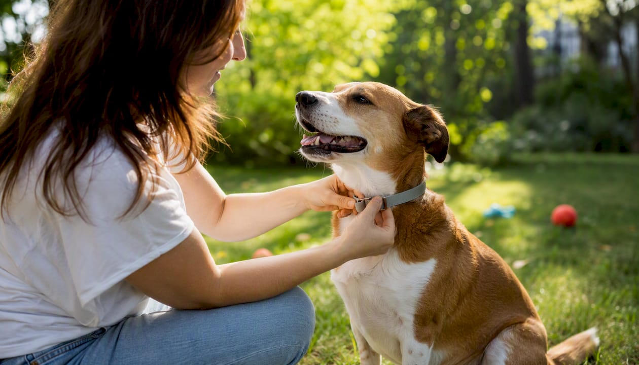 Applying tick repellent collar to dog
