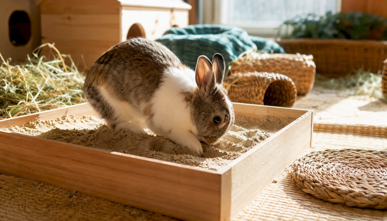 Rabbit digging in sand-filled digging box