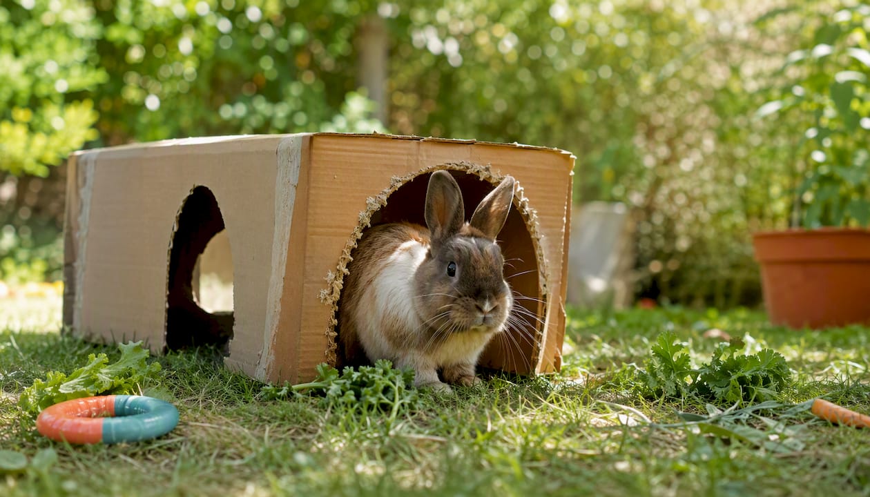 Rabbit hiding inside cardboard tunnel hideout