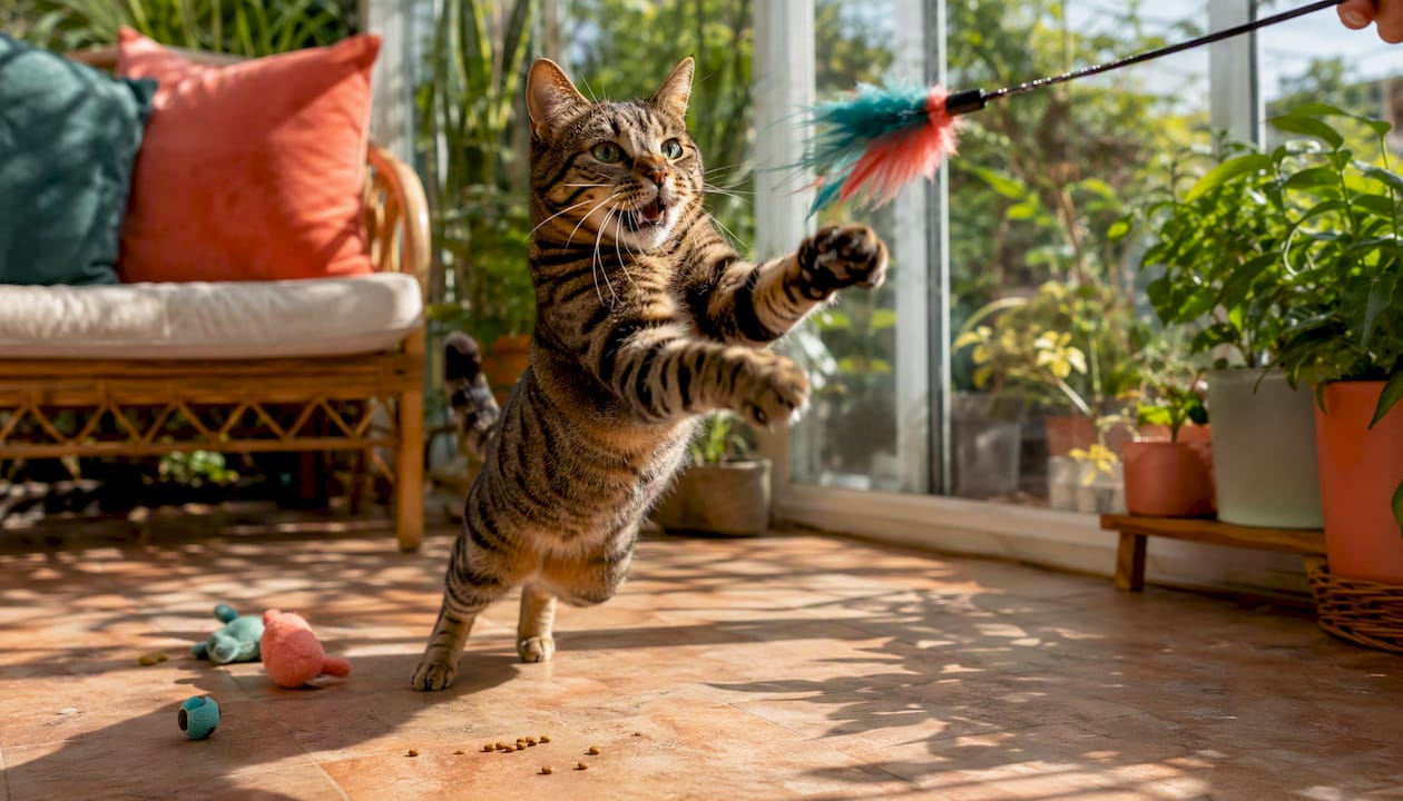 Cat actively playing with wand toy indoors