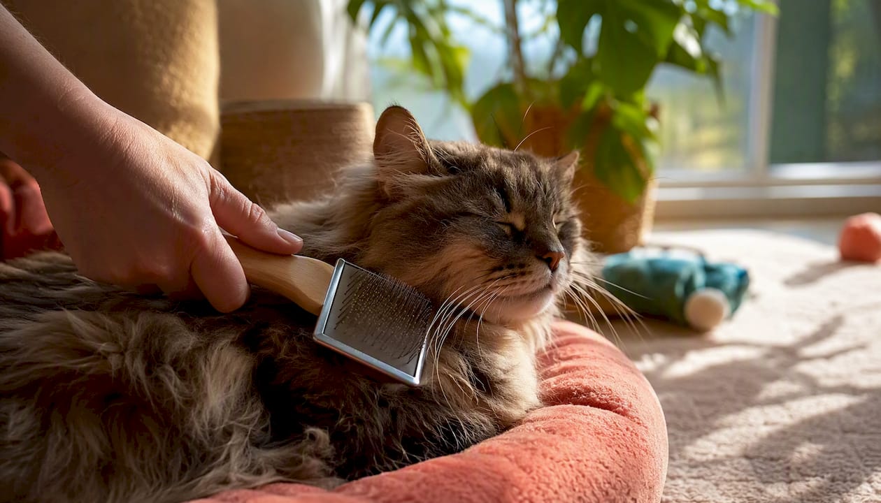 Grooming long-haired cat with slicker brush