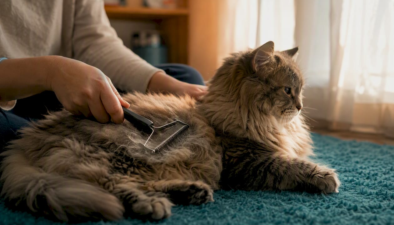 Using undercoat rake on dense cat fur