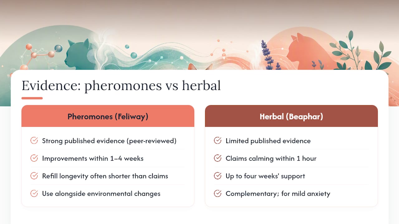 What do vets and the evidence say about pheromone diffusers? — overview diagram