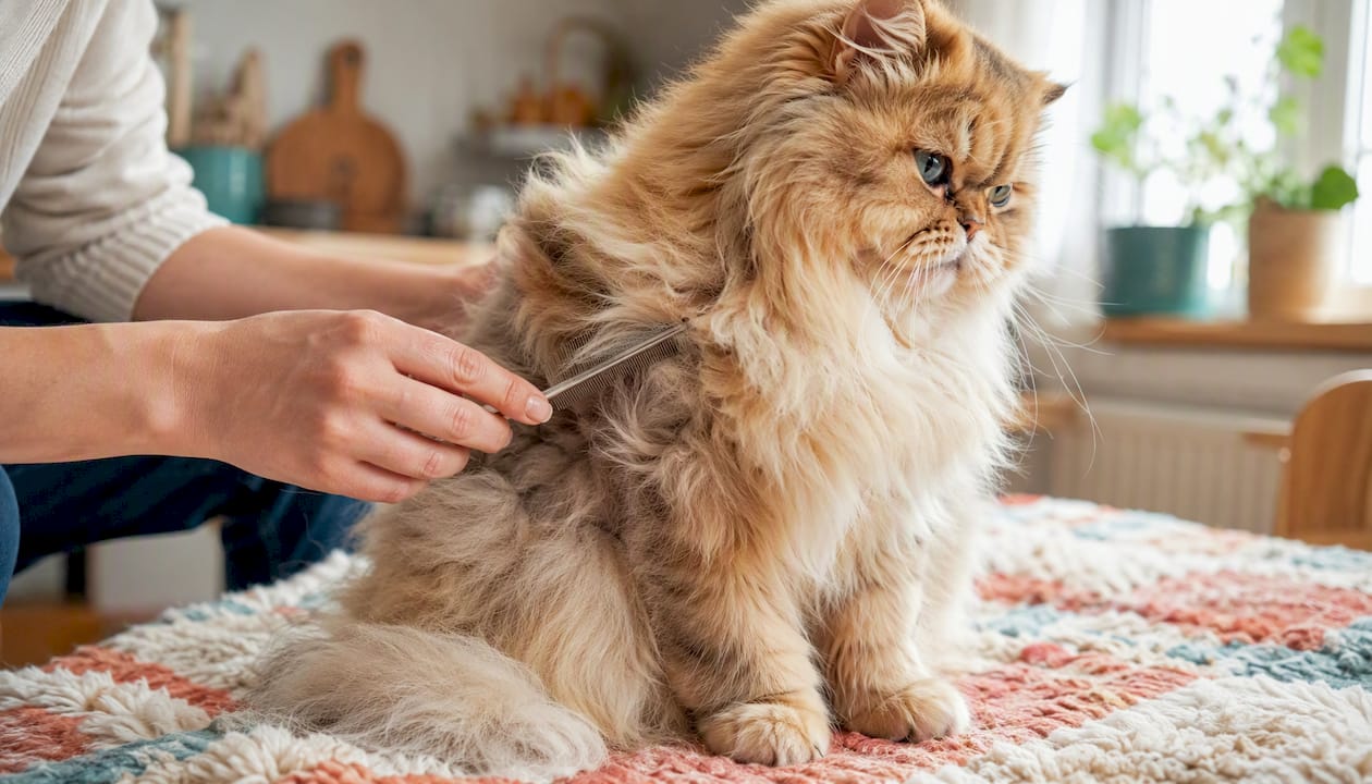 Combing Persian cat under armpit