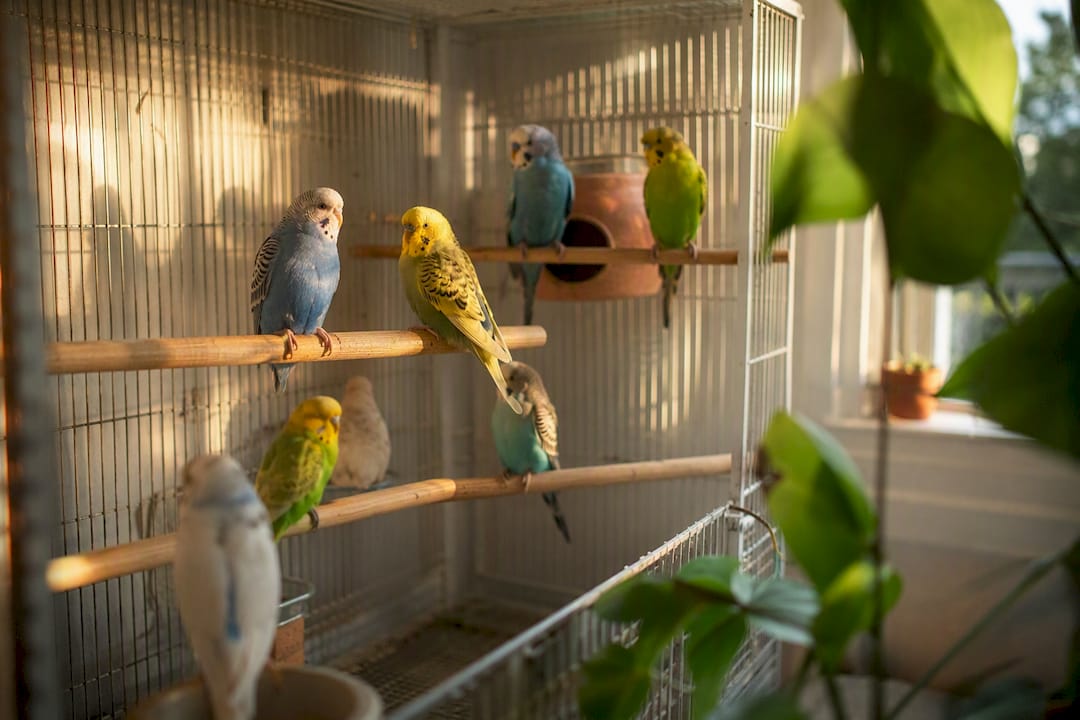 Budgies perched on well-spaced cage perches