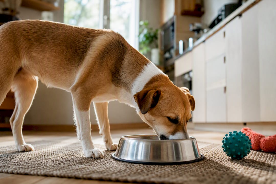 Dog eating from bowl during diet transition