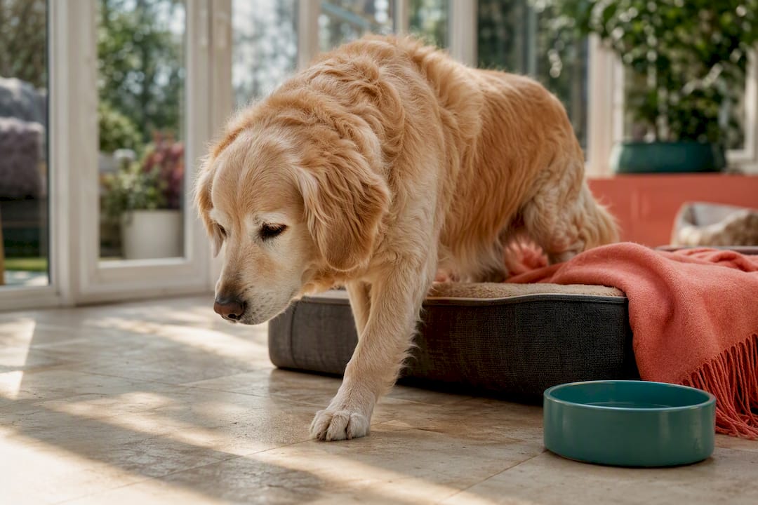 Senior dog using low entry bed