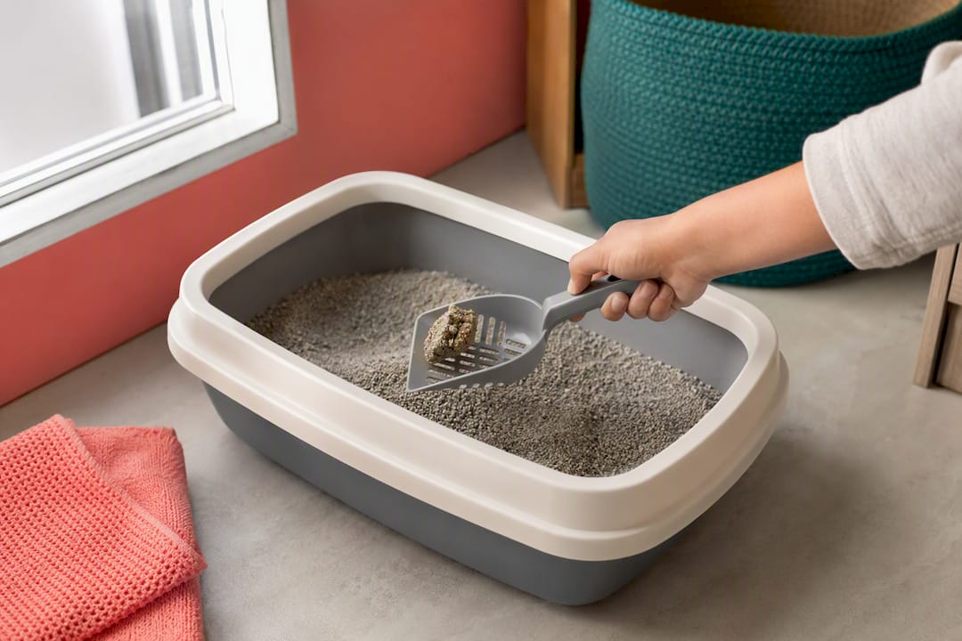 Hand scooping a clean cat litter tray