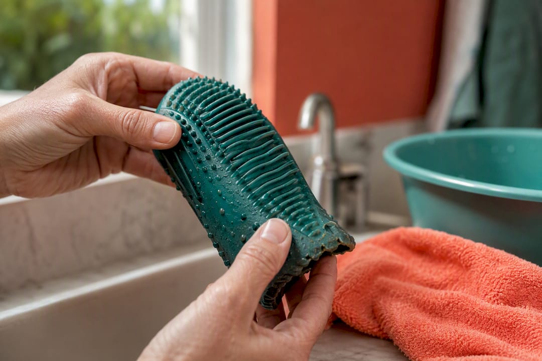 Hands inspecting a worn reusable dog chew