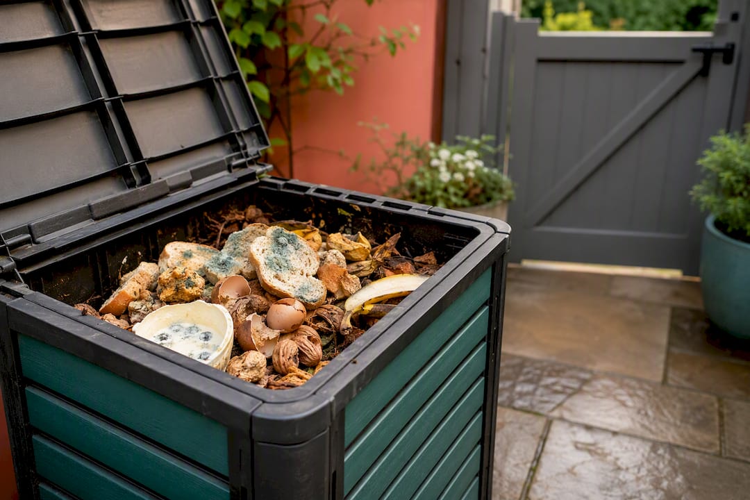Mouldy food scraps beside a compost bin