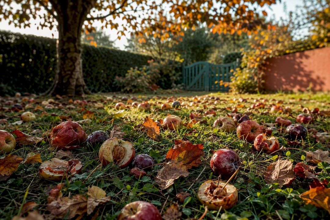 Fallen fruit and exposed pits in orchard
